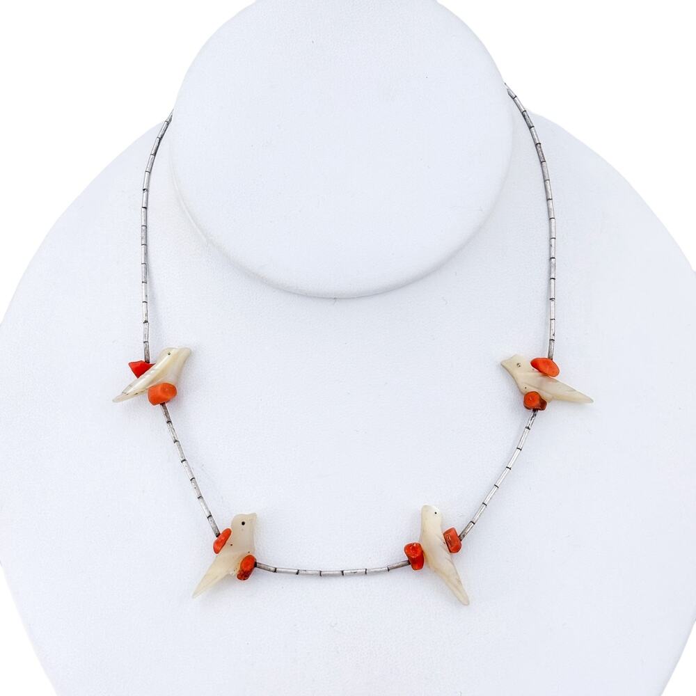 Vintage Sterling Liquid Silver 925 Coral Mother Of Pearl Bird Necklace 15"